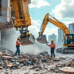 Zwei Bauarbeiter in Schutzkleidung bedienen schwere Baumaschinen auf einer Baustelle mit Trümmern und Ruinen eines abgerissenen Gebäudes im Hintergrund, dargestellt wird ein professioneller Abbruch Entsorgung Service.