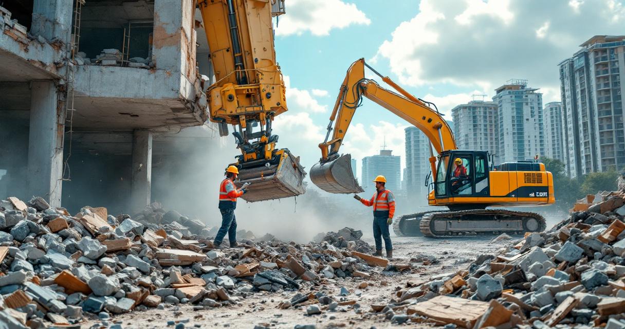 Zwei Bauarbeiter in Schutzkleidung bedienen schwere Baumaschinen auf einer Baustelle mit Trümmern und Ruinen eines abgerissenen Gebäudes im Hintergrund, dargestellt wird ein professioneller Abbruch Entsorgung Service.