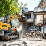 Baustelle mit Bauarbeitern und Bagger beim Abriss eines Gebäudes zur professionellen Abfallbeseitigung und Entsorgung im Abbruch Entsorgung Service.