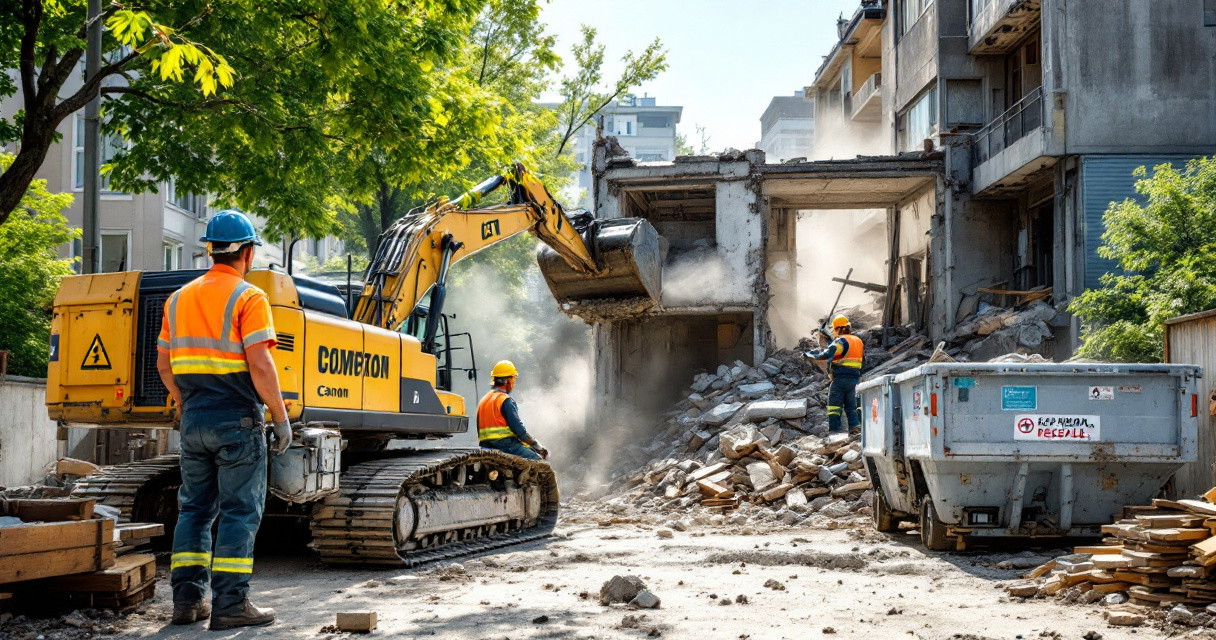 Baustelle mit Bauarbeitern und Bagger beim Abriss eines Gebäudes zur professionellen Abfallbeseitigung und Entsorgung im Abbruch Entsorgung Service.