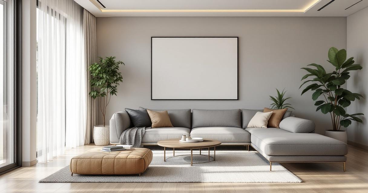 Helles, modern eingerichtetes Wohnzimmer mit großem grauem Ecksofa, rundem Holztisch, Lederhocker, zwei großen Pflanzen und einer Akustikdecken Moderne Lösungen mit indirekter Beleuchtung, welche den Raum elegant und gemütlich gestaltet.