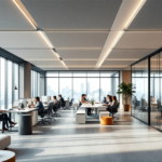 Modern gestalteter, heller Arbeitsplatz mit großflächigen Fensterfronten, mehreren Schreibtischen und Personen, die konzentriert arbeiten; akustisch optimierte Deckenpaneele sorgen für angenehmes Arbeitsklima und verdeutlichen effektive Akustiklösungen offene Büroflächen.