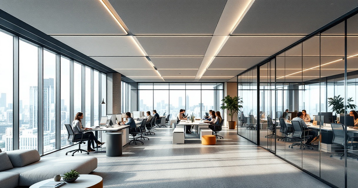 Modern gestalteter, heller Arbeitsplatz mit großflächigen Fensterfronten, mehreren Schreibtischen und Personen, die konzentriert arbeiten; akustisch optimierte Deckenpaneele sorgen für angenehmes Arbeitsklima und verdeutlichen effektive Akustiklösungen offene Büroflächen.