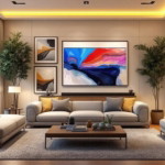 Modern eingerichtetes Wohnzimmer mit hellgrauem Sofa und Sesseln, umgeben von großen Zimmerpflanzen und beleuchtet durch warme Lampen sowie eine indirekte Deckenbeleuchtung. Mehrere abstrakte Gemälde an den Wänden betonen die stilvolle Atmosphäre. Akzentbeleuchtung Kunstwerke hebt die Farben und Formen der Bilder eindrucksvoll hervor.