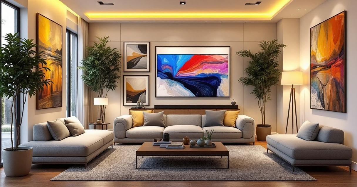 Modern eingerichtetes Wohnzimmer mit hellgrauem Sofa und Sesseln, umgeben von großen Zimmerpflanzen und beleuchtet durch warme Lampen sowie eine indirekte Deckenbeleuchtung. Mehrere abstrakte Gemälde an den Wänden betonen die stilvolle Atmosphäre. Akzentbeleuchtung Kunstwerke hebt die Farben und Formen der Bilder eindrucksvoll hervor.