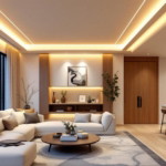 Moderner Wohnraum mit gemütlicher Eckcouch in hellen Tönen, Akzentdecken Farbe Licht, die durch den indirekten Deckenbeleuchtungseffekt ein warmes und einladendes Ambiente schafft, große Fenster mit Blick ins Grüne und minimalistische Kücheneinrichtung im Hintergrund.