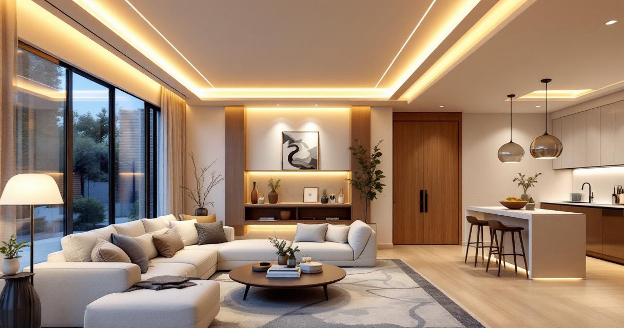 Moderner Wohnraum mit gemütlicher Eckcouch in hellen Tönen, Akzentdecken Farbe Licht, die durch den indirekten Deckenbeleuchtungseffekt ein warmes und einladendes Ambiente schafft, große Fenster mit Blick ins Grüne und minimalistische Kücheneinrichtung im Hintergrund.