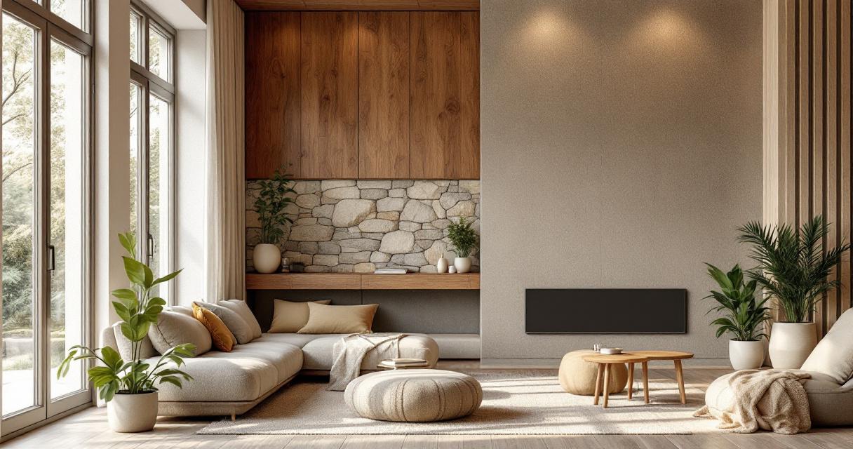 Helles Wohnzimmer mit Akzentwände aus Naturmaterialien, kombiniert mit Holz, Stein und Lehm, gemütlichen Polstermöbeln, Pflanzen und großflächigen Fenstern, die für viel Tageslicht sorgen.