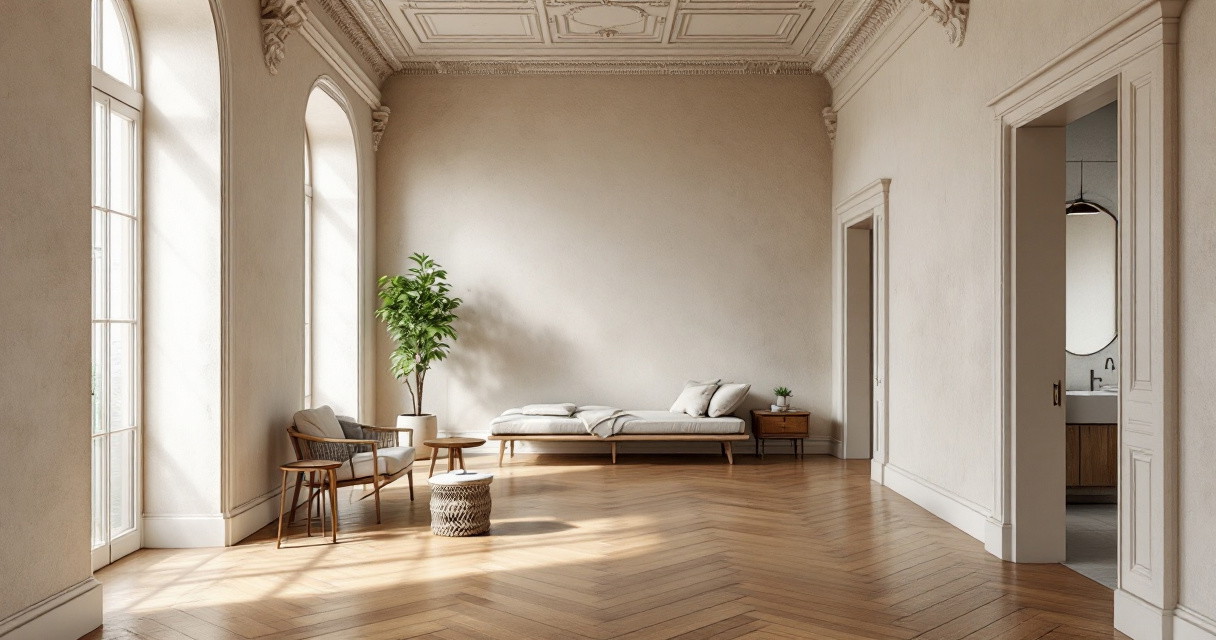 Helles großzügiges Wohnzimmer mit hohen Fenstern, Stuckdecke und Parkettboden, ausgestattet mit schlichtem Sofa, Sesseln, Beistelltischen und grüner Pflanze als Beispiel für Altbau modernisierung.