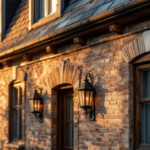 Fassade eines historischen Backsteinhauses mit Holzfenstern und schmiedeeisernen Laternenbeleuchtungen bei Sonnenuntergang als Beispiel für Altbau Modernisierung.