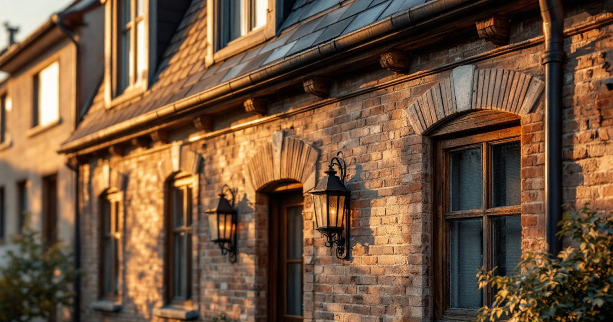 Fassade eines historischen Backsteinhauses mit Holzfenstern und schmiedeeisernen Laternenbeleuchtungen bei Sonnenuntergang als Beispiel für Altbau Modernisierung.