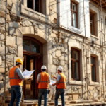 Drei Bauarbeiter in Schutzhelmen und orangen Warnwesten besprechen sich vor einem historischen Steingebäude, das mit Gerüsten umgeben ist, im Rahmen der Arbeiten zum Altbau sanieren.