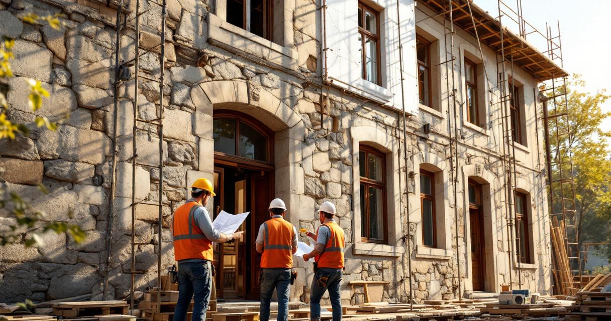Drei Bauarbeiter in Schutzhelmen und orangen Warnwesten besprechen sich vor einem historischen Steingebäude, das mit Gerüsten umgeben ist, im Rahmen der Arbeiten zum Altbau sanieren.