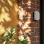 Hausfassade mit warmen Sonnenlicht und Schatten, die rote Backsteine und einen Teil einer gelben Wand zeigen, als Beispiel moderner Altbau Sanierung natürliche Dämmung in Kombination mit digitalen Elementen.