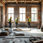 Bauarbeiter mit Schutzhelmen und Warnwesten begutachten den Rohbau eines großen Raumes mit freigelegten Wänden und großen Fenstern im Rahmen einer Altbau Wohnungsmodernisierung.