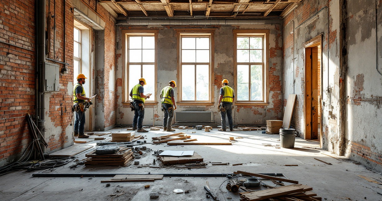 Bauarbeiter mit Schutzhelmen und Warnwesten begutachten den Rohbau eines großen Raumes mit freigelegten Wänden und großen Fenstern im Rahmen einer Altbau Wohnungsmodernisierung.