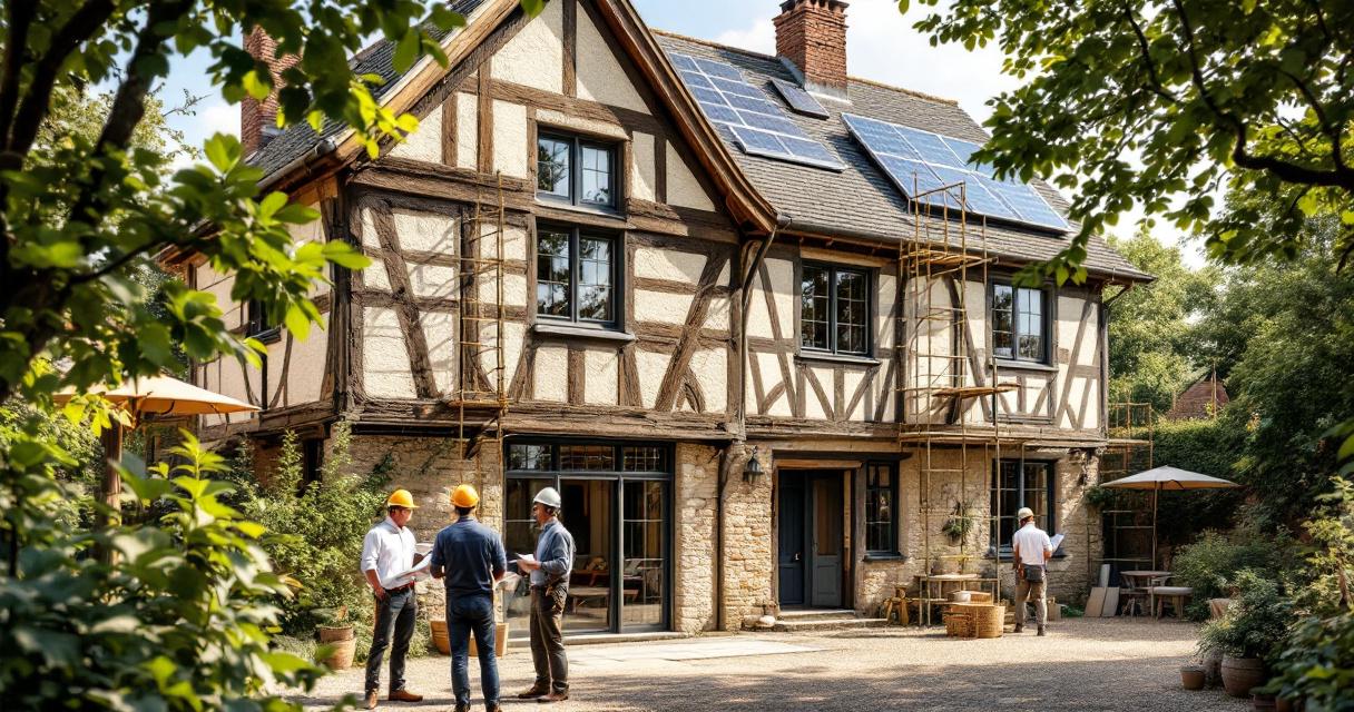 Altbausanierung mit Respekt zeigt ein historisches Fachwerkhaus, das sorgfältig restauriert wird, während Fachleute auf der Baustelle Pläne besprechen und moderne Technologien wie Solarpaneele harmonisch integriert sind.