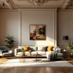 Helles Wohnzimmers mit klassischen Stuckdecken, modernen Möbeln und großen Fenstern, die viel Tageslicht hereinlassen, symbolisiert ein stilvolles Altbauwohnung modernisieren mit einer harmonischen Verbindung von Tradition und zeitgenössischem Design.