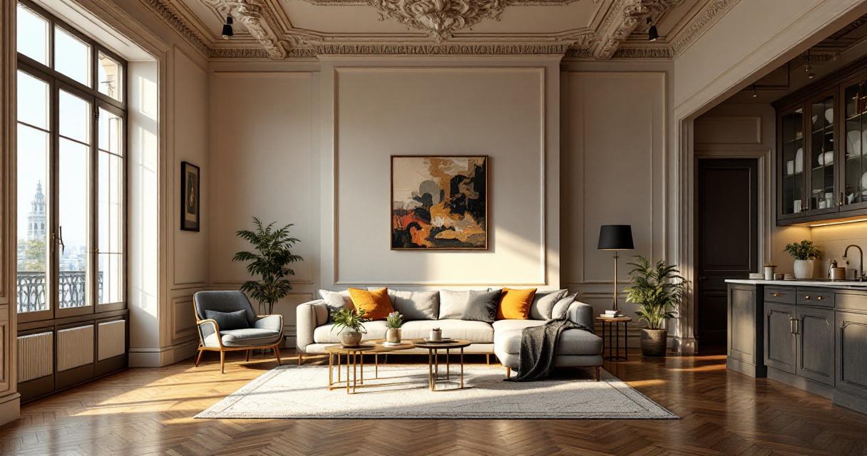 Helles Wohnzimmers mit klassischen Stuckdecken, modernen Möbeln und großen Fenstern, die viel Tageslicht hereinlassen, symbolisiert ein stilvolles Altbauwohnung modernisieren mit einer harmonischen Verbindung von Tradition und zeitgenössischem Design.