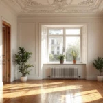 Helles, großzügiges Zimmer mit hohen Fenstern, aufwendig verzierten Stuckdecken und edlen Holztüren, das beispielhaftes Altbauwohnung modernisieren zeigt.