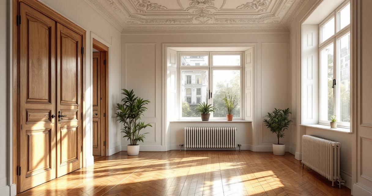 Helles, großzügiges Zimmer mit hohen Fenstern, aufwendig verzierten Stuckdecken und edlen Holztüren, das beispielhaftes Altbauwohnung modernisieren zeigt.