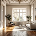 Helles und großzügiges Wohnzimmer einer Altbauwohnung modernisiert mit verzierten Stuckdecken, großen Fenstern, stilvollen Holzböden und einer eleganten Möblierung in neutralen Farbtönen.