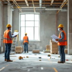 Drei Bauarbeiter mit Schutzhelmen und Warnwesten überprüfen unter Einhaltung der Arbeitssicherheit Baustelle Dokumente und den Baustellenbereich in einem unfertigen Innenraum mit verstreuten Werkzeugen und Kartons.