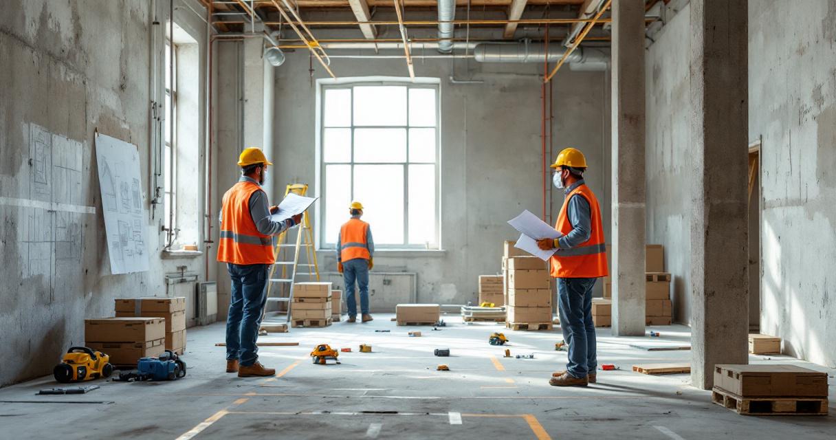 Drei Bauarbeiter mit Schutzhelmen und Warnwesten überprüfen unter Einhaltung der Arbeitssicherheit Baustelle Dokumente und den Baustellenbereich in einem unfertigen Innenraum mit verstreuten Werkzeugen und Kartons.
