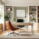 Modern eingerichtetes Arbeitszimmer im Homeoffice mit großem Holztisch, zwei komfortablen Stühlen und hellen Regalen mit Dekoration, umgeben von Pflanzen und natürlichem Licht durch große Fenster.