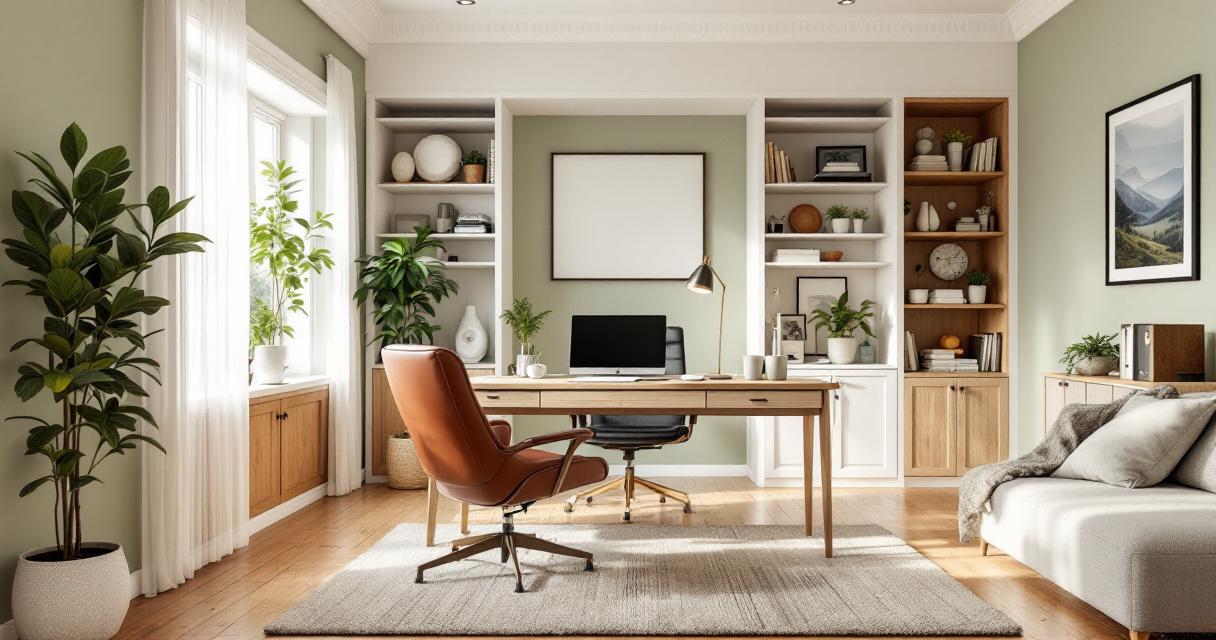 Modern eingerichtetes Arbeitszimmer im Homeoffice mit großem Holztisch, zwei komfortablen Stühlen und hellen Regalen mit Dekoration, umgeben von Pflanzen und natürlichem Licht durch große Fenster.