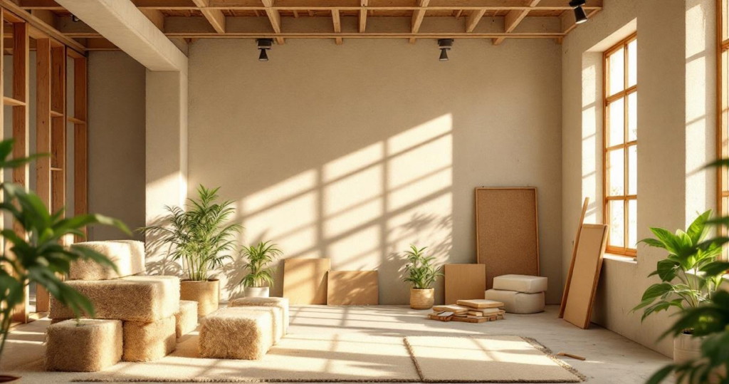 Helles, gemütliches Zimmer mit großen Fenstern, Holzbalkendecke und einfachen, naturfarbenen Möbeln sowie Topfpflanzen, das ein nachhaltiges Wohnkonzept mit atmungsaktive Naturdämmstoffe innen vermittelt.