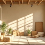 Helles, gemütliches Zimmer mit großen Fenstern, Holzbalkendecke und einfachen, naturfarbenen Möbeln sowie Topfpflanzen, das ein nachhaltiges Wohnkonzept mit atmungsaktive Naturdämmstoffe innen vermittelt.