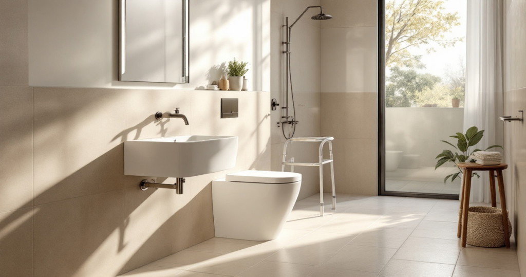 Badezimmer-Design für barrierefreies Wohnen mit einem modernen, wandmontierten Waschbecken, einem stilvollen Toilettenbecken, einer großzügigen Dusche und einem stabilen Duschstuhl. Die hellen Fliesen und großen Fenster schaffen eine einladende und helle Atmosphäre, während Pflanzen und Handtücher in harmonischer Ergänzung das Design abrunden.