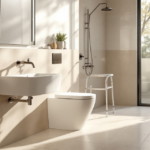 Badezimmer-Design für barrierefreies Wohnen mit einem modernen, wandmontierten Waschbecken, einem stilvollen Toilettenbecken, einer großzügigen Dusche und einem stabilen Duschstuhl. Die hellen Fliesen und großen Fenster schaffen eine einladende und helle Atmosphäre, während Pflanzen und Handtücher in harmonischer Ergänzung das Design abrunden.