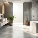 Modern gestaltetes Badezimmer mit Naturstein, das durch großzügige Lichtverhältnisse und eine Kombination aus natürlichen Materialien wie Holz und Stein besticht, mit freistehender Badewanne, großer Glasdusche und stilvollen Dekorationselementen wie Pflanzen und Vasen.