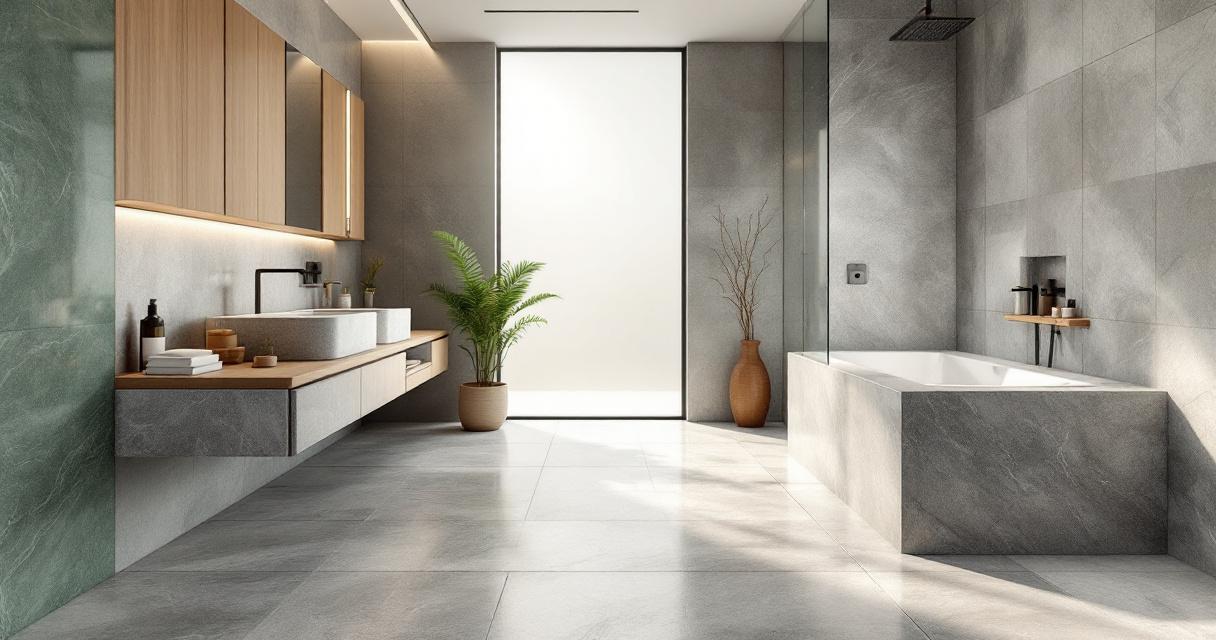 Modern gestaltetes Badezimmer mit Naturstein, das durch großzügige Lichtverhältnisse und eine Kombination aus natürlichen Materialien wie Holz und Stein besticht, mit freistehender Badewanne, großer Glasdusche und stilvollen Dekorationselementen wie Pflanzen und Vasen.