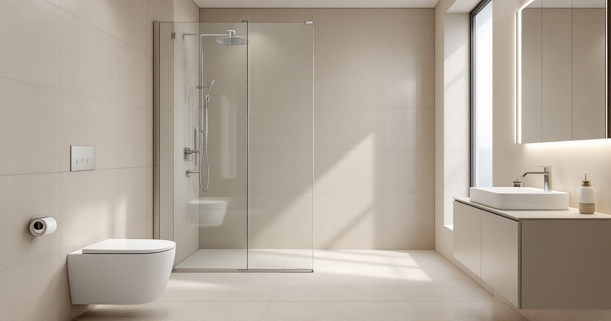 Helles und geräumiges Badezimmer mit einem modernen wandhängenden WC, einer bodengleichen Dusche mit Glasscheibe und einem Waschbecken auf einem minimalistischen Waschtischunterschrank, das stilvolle und funktionale Elemente der Badezimmer Modernisierung vereint.