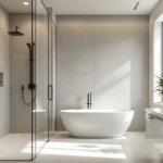 Modernes Badezimmer mit freistehender Badewanne, großzügiger Glasdusche und elegantem Waschbeckenbereich, gestaltet im hellen Farbton, beispielhafte Badezimmer Renovierung.