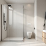Modern gestaltetes Badezimmer mit bodengleicher Glasdusche, hängendem WC, großem Fenster und Holzwaschtisch, das luxuriöse Ambiente für die Badezimmer Sanierung vermittelt.