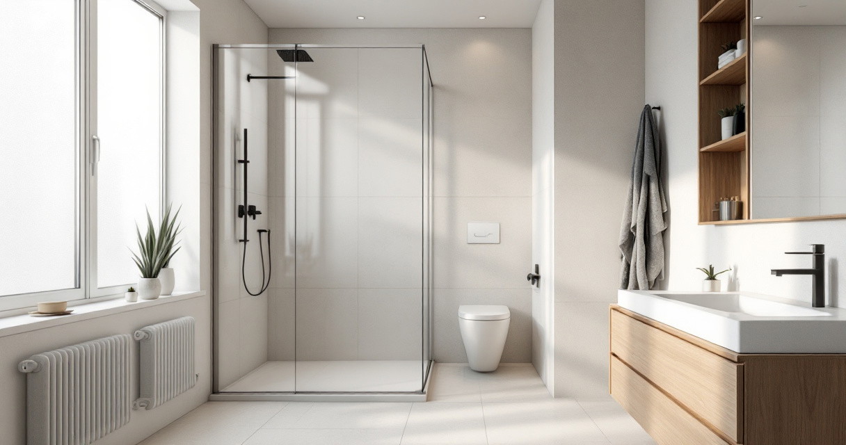 Modern gestaltetes Badezimmer mit bodengleicher Glasdusche, hängendem WC, großem Fenster und Holzwaschtisch, das luxuriöse Ambiente für die Badezimmer Sanierung vermittelt.