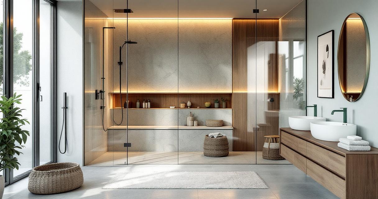 Modern gestaltetes Badezimmer mit großzügiger, offener Badezimmer Walk-In-Duschen aus Glas, integriertem Sitzbereich, warmen Holz- und Natursteinakzenten sowie indirekter Beleuchtung, daneben stilvolle Waschtische mit runden Spiegeln und grünen Armaturen.