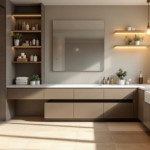 Modern gestaltetes Badezimmer mit großer Dusche, eleganten Holzregalen, langen Waschtischplatten und Pflanzen in einem hellen, freundlichen Raum mit natürlichem Licht und durchdachter Badezimmermodernisierung Planung.