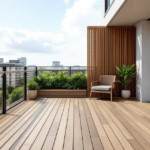 Moderner Balkon mit Holzboden, Glasgeländer und Pflanzen, der eine komfortable und stilvolle Atmosphäre vermittelt, ideal für Balkone und Terrassen renovieren.