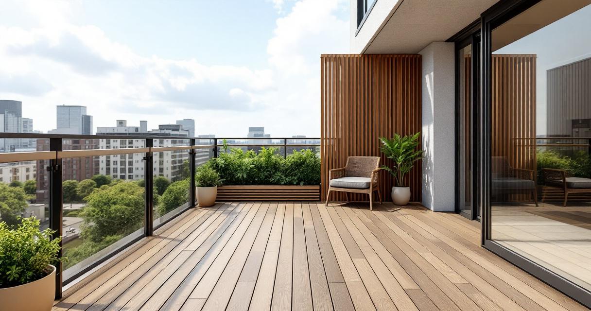 Moderner Balkon mit Holzboden, Glasgeländer und Pflanzen, der eine komfortable und stilvolle Atmosphäre vermittelt, ideal für Balkone und Terrassen renovieren.