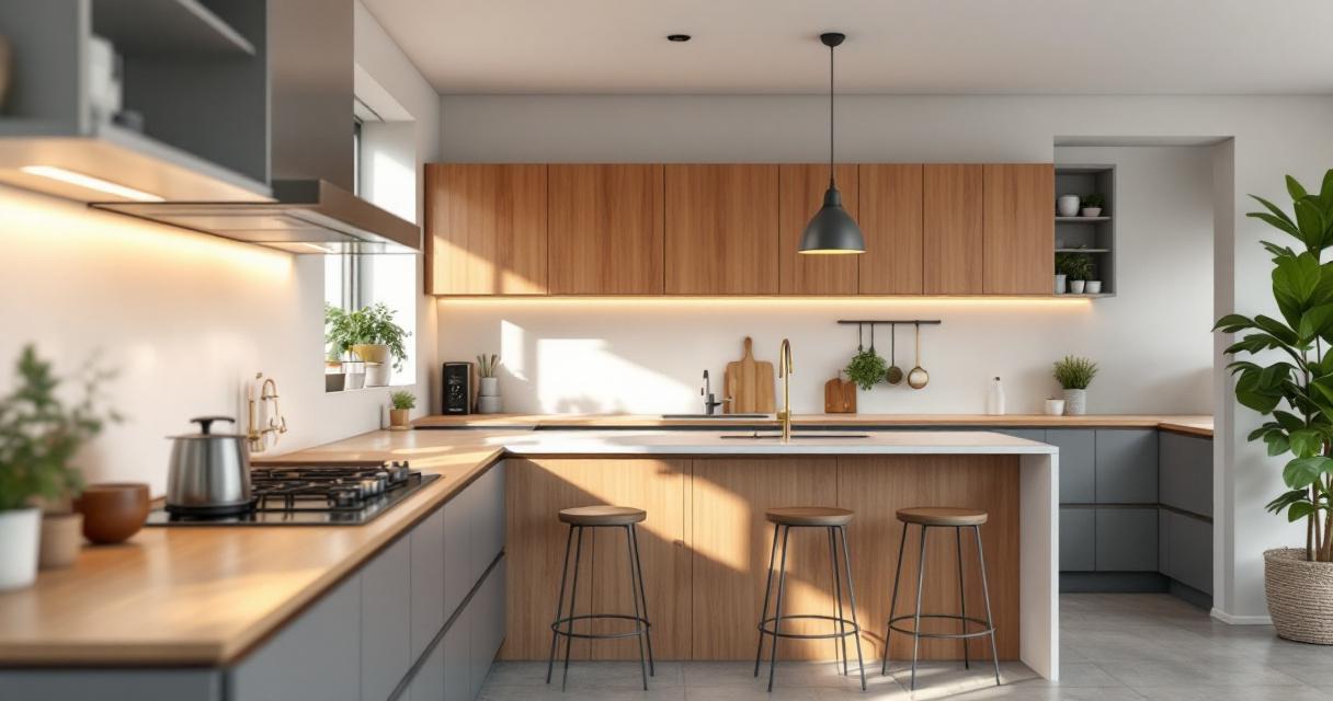 Moderne Barrierefreie Küchen mit Holzfronten, grauen Unterschränken und einer zentralen Kücheninsel mit Barhockern, ausgestattet mit großzügigen Arbeitsflächen, integrierter Beleuchtung und einem Pflanzenarrangement für eine einladende Atmosphäre.