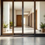 Helles, modernes Eingangsdiele mit automatischer Schiebetür, Handlauf an der Wand und breitem, schwellenlosem Zugang, gestaltet unter dem Aspekt des Barrierefreien Bauens.