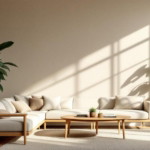 Helles und stilvoll eingerichtetes Wohnzimmer mit einer großen Eckeckcouch, Holzmöbeln und verschiedenen Zimmerpflanzen vor einer schlichten Wand, die mit Baumwolltapete atmungsaktive Wände gestaltet ist.