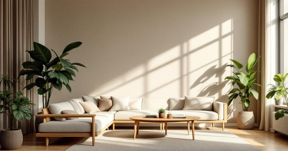 Helles und stilvoll eingerichtetes Wohnzimmer mit einer großen Eckeckcouch, Holzmöbeln und verschiedenen Zimmerpflanzen vor einer schlichten Wand, die mit Baumwolltapete atmungsaktive Wände gestaltet ist.