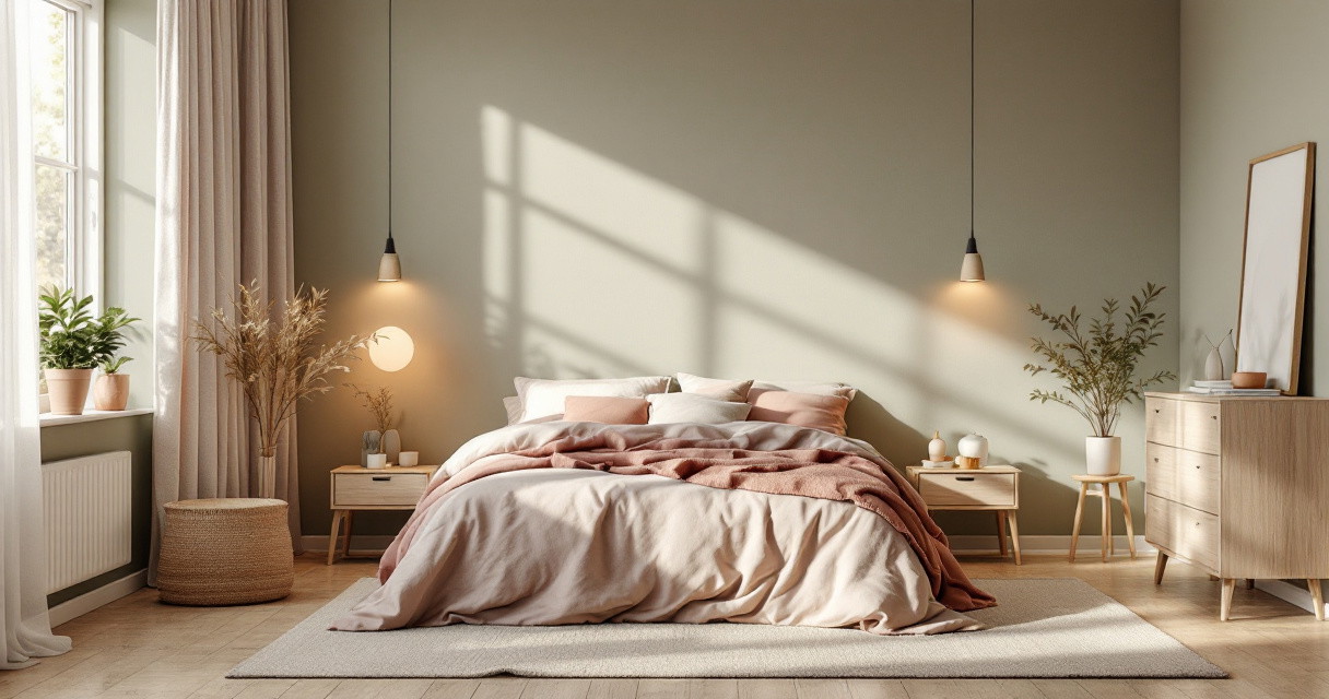 Helles, einladendes Schlafzimmer mit Beruhigende Schlafzimmerfarben, bestehend aus sanften Beige- und Beigetönen, natürlichen Holzmöbeln, zarten Textilien und warmem Licht, das eine entspannte und harmonische Atmosphäre schafft.