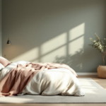 Modern eingerichtetes Schlafzimmer mit sanfter grüner Wandfarbe und zarten roséfarbenen Betttextilien, durch große Fenster fällt warmes Tageslicht, das Raum und Möbel harmonisch erhellt, ein Beispiel für Beruhigende Schlafzimmerfarben.